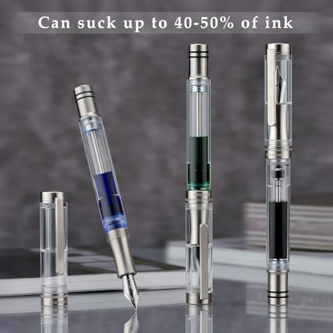 Asvine V200 Titanium Fountain Pen with Clear Acrylic Case and Extra Fine Nib with Vacuum Refill