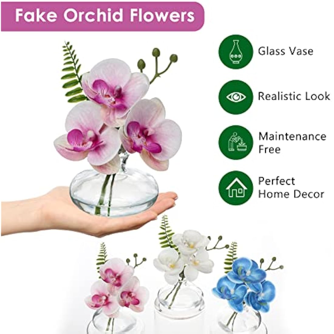 Briful Set of 3 Artificial Orchids in Glass Vase, Pink Orchids Fake Flowers in Faux Water Artificial Flowers for Decoration Artificial Plant for Living Room Bathroom Office Décor