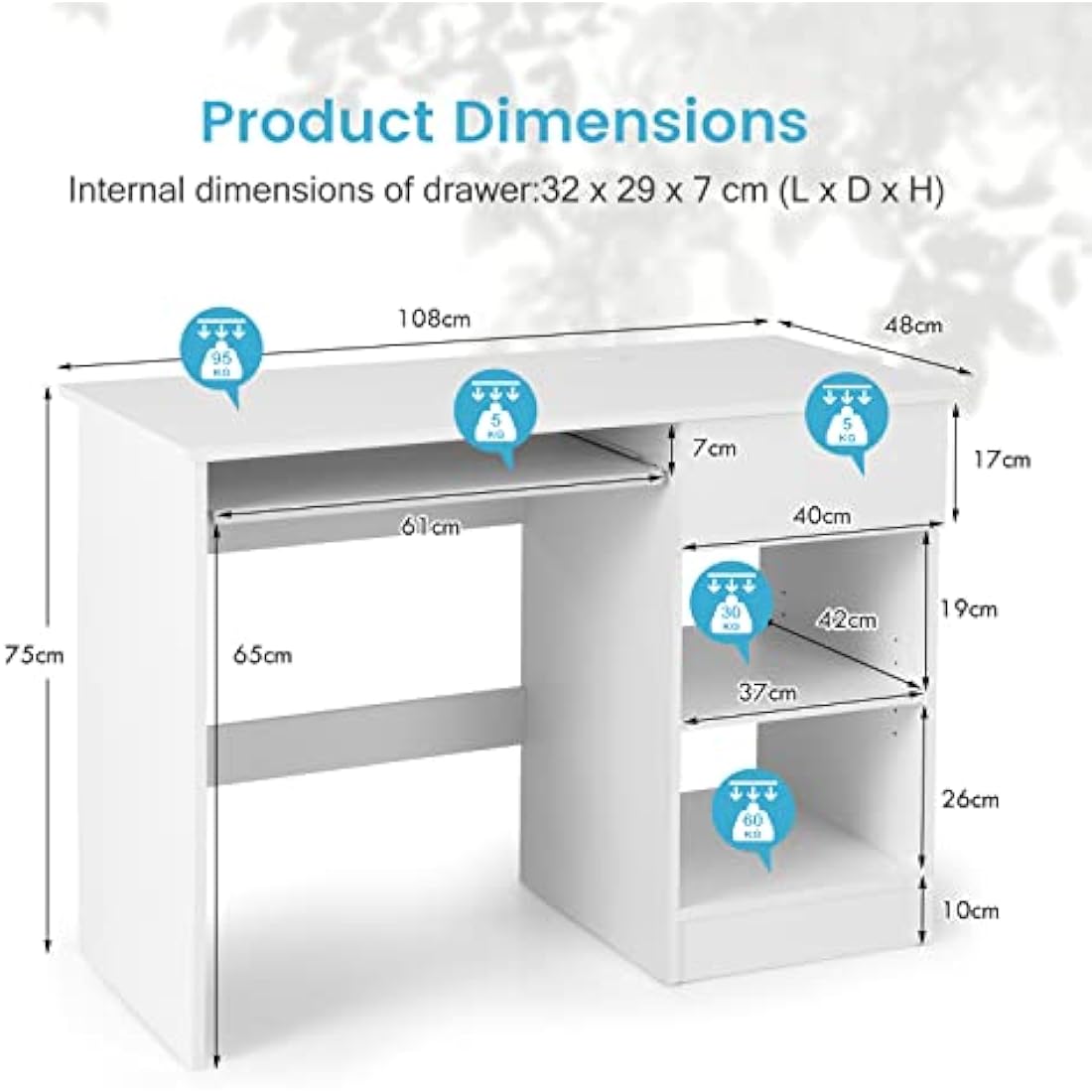 CASART Computer Desk, Home Office Laptop Table Writing Desk with Drawer, Adjustable Shelf & Keyboard Tray, Compact Study Desk Computer Workstation for Small Space (White)