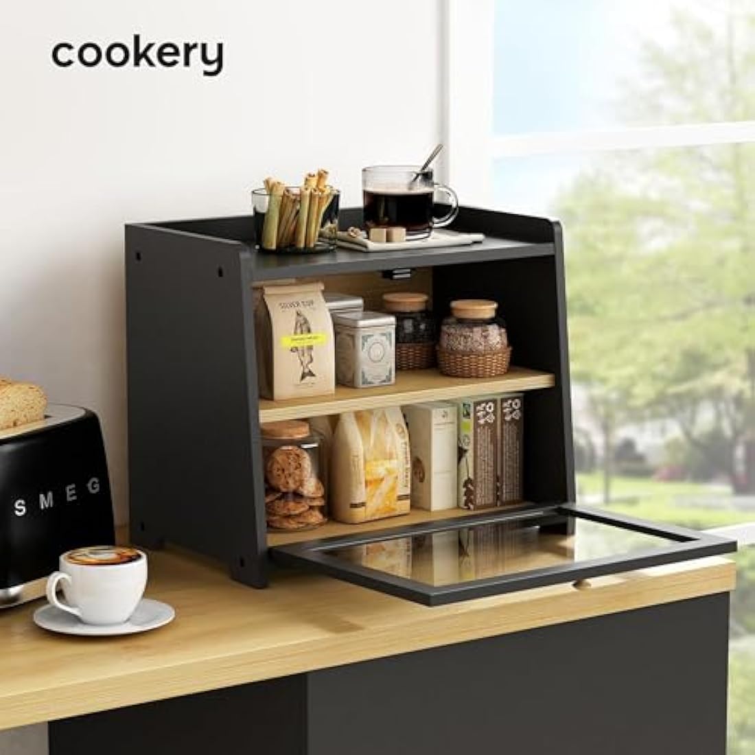 Cookery Wooden Bread Bin with 2 Levels for Bread Storage made of Bamboo (wood) Bread Box Extra Large Storage Box Counter Top for Kitchen Storage (needs to be assembled)