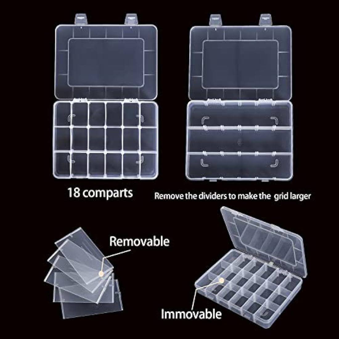 LAifu Snack Box With Compartments, 2 PCS Snackle Box Trays with 18 Removable Grids Compartments, Clear Multi Stackable Plastic Organizer Container for Snack, Fruits, Pills, Beads, Bolts and Nuts