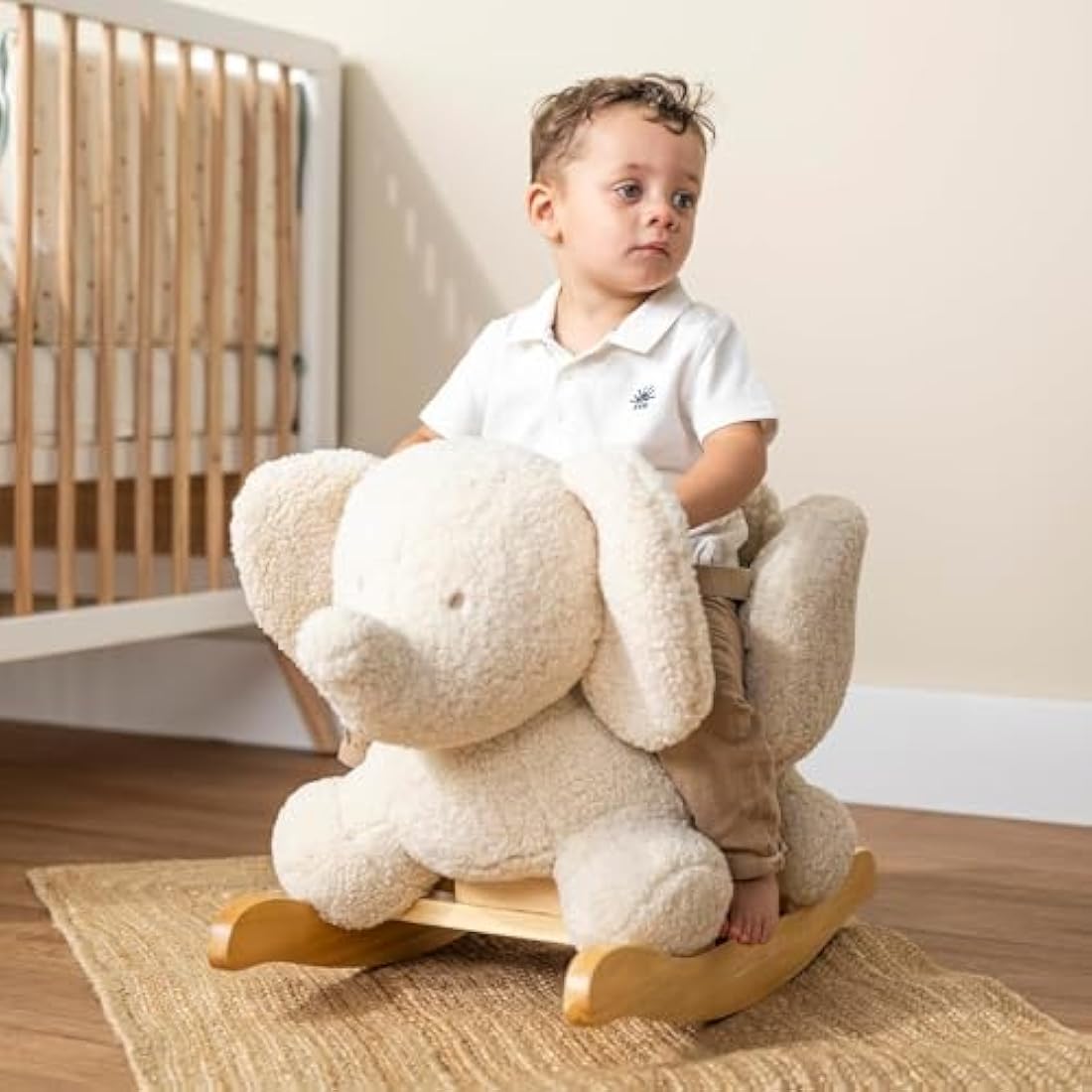Nattou Wooden Rocker, Fully Padded Seat, Side Supports, Safety Belt, Handles For Small Hands, PETA-Approved Vegan, Soap-Water Cleaning, Super Soft Teddy Fabric Material, 10-36 Months, Ecru Elephant