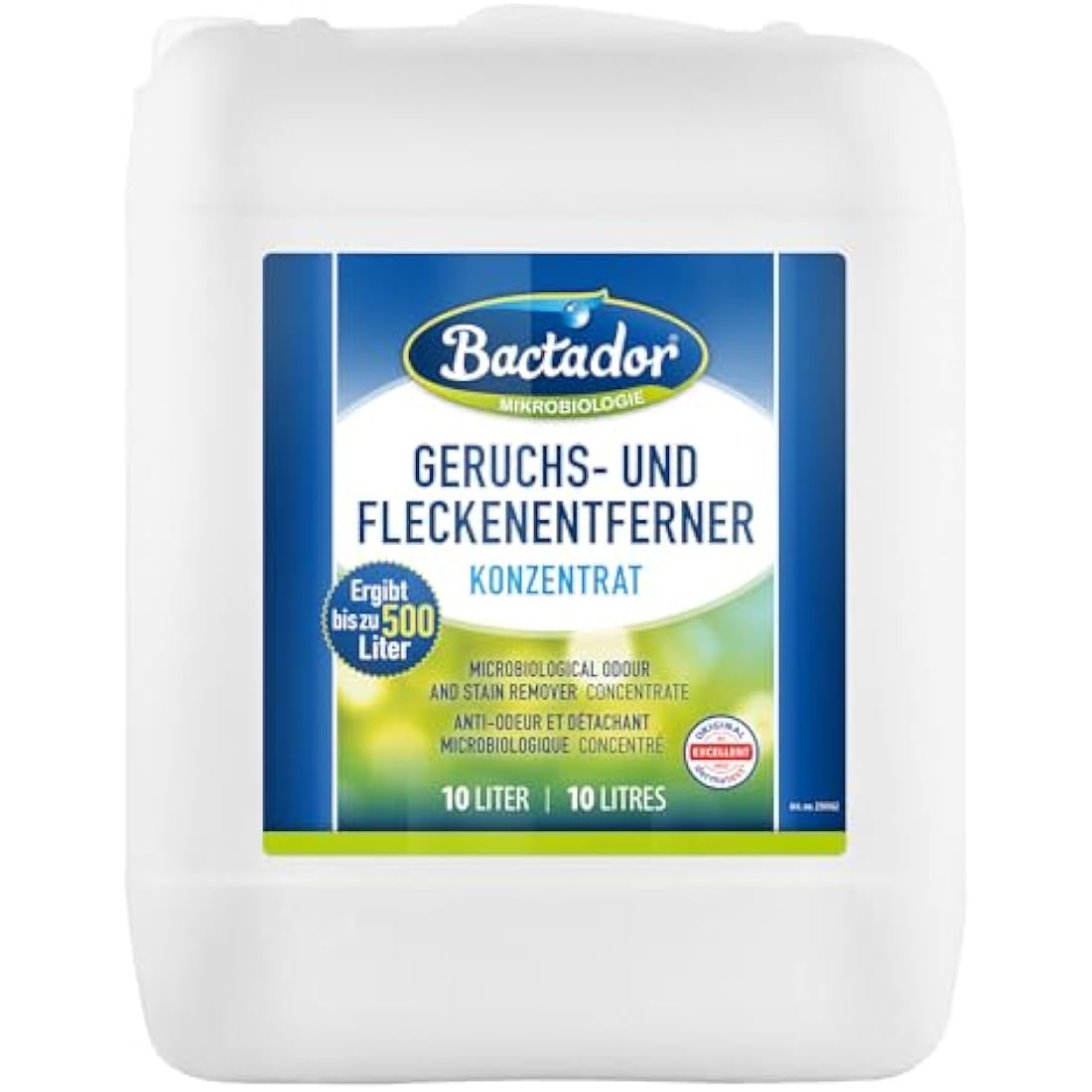 Bactador Odor and Stain Remover Concentrate 10L - Biological enzyme cleaner against sweat, smoke, cat urine, dog urine, animal odors - For household, car & animal environment
