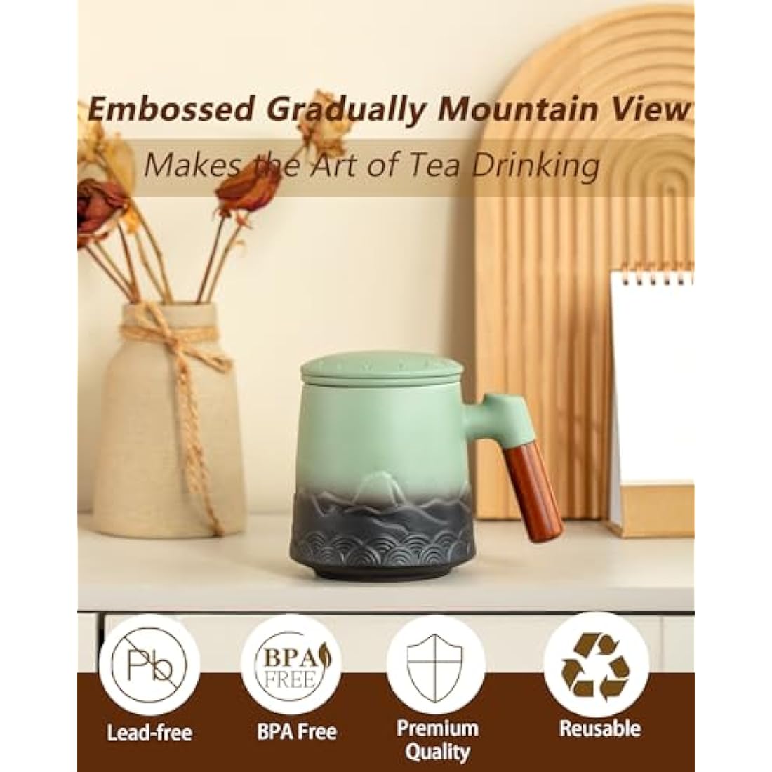 ZENS Embossed Ceramic Tea Mug With Infuser and Lid - 500 ML Loose Leaf Cup With Strainer, Wood Handle - Gifts for Tea Lovers, Steeper Accessories