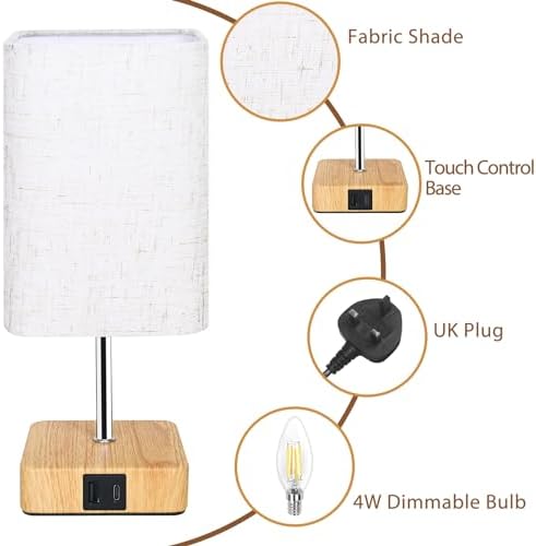 Touch Control USB Table Lamp, Dimmable Nightstand Lamps with USB Charging Ports, Small Touch Lamp with Wood-grain Base ＆ Fabric Shade for Bedroom, Living Room, Children's room, Bulb Included, 2 Pack