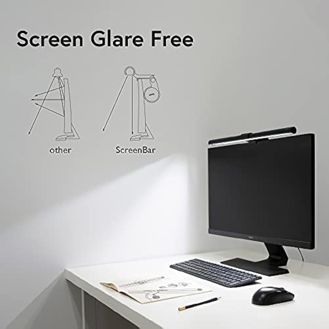 BenQ ScreenBar Monitor Light LED Light Bar with Auto Dimming, Stepless Hue Adjustment & Touch Control, Space Saving Home Office Lamp, Eye Caring, No Screen Glare, Matte Black Daylight LED Lamp