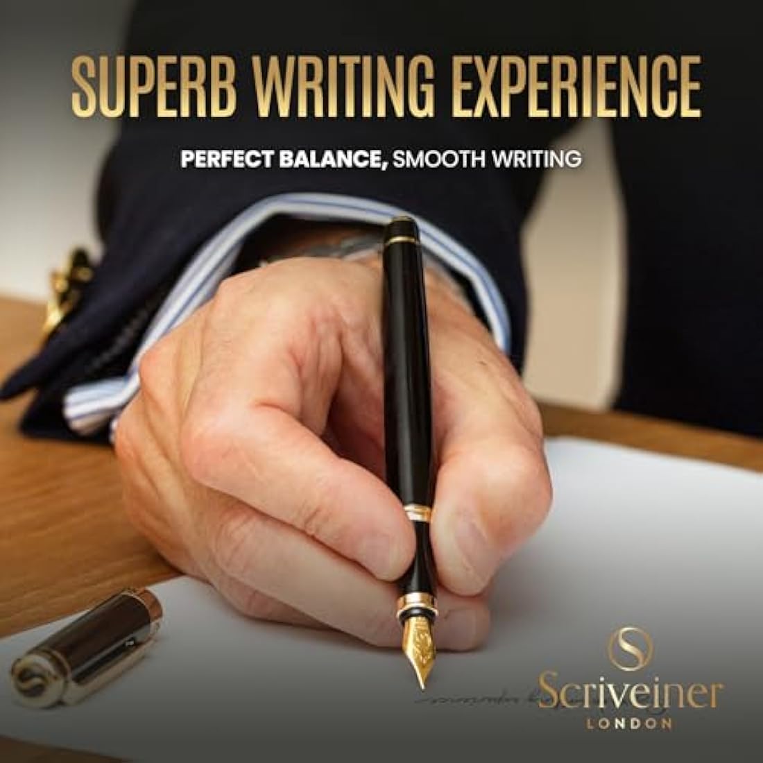 Scriveiner Black Lacquer Fountain Pen - Stunning Luxury Pen, Real Gold Plating, Schmidt Gilded Nib (Medium), Best Pen Gift Set for Men & Women, Professional, Executive, Office, Nice Pens