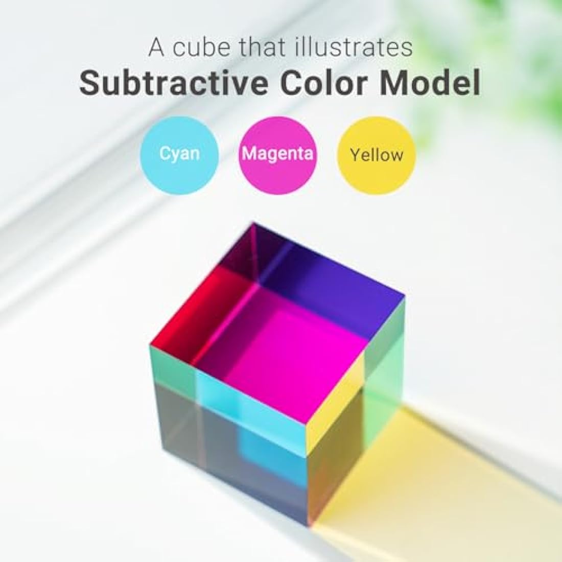 iKeelo Colour Cube (50mm) with Stand -Cyan, Magenta & Yellow Cube - Illustrates Subtractive Colour Model - Novelty Educational STEM Toy for Birthdays and Christmas