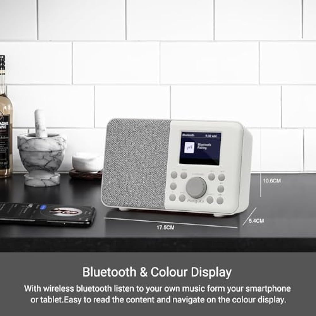 MangoKit MD3 DAB Radio Portable,DAB+ Digital Radio with Blueetooth,FM Radio,Kitchen DAB Radio Mains and Battery, Color Display,40 Preset Stations,Alarms&Clock&Snooze Timer,Headphone Port-Stone Grey