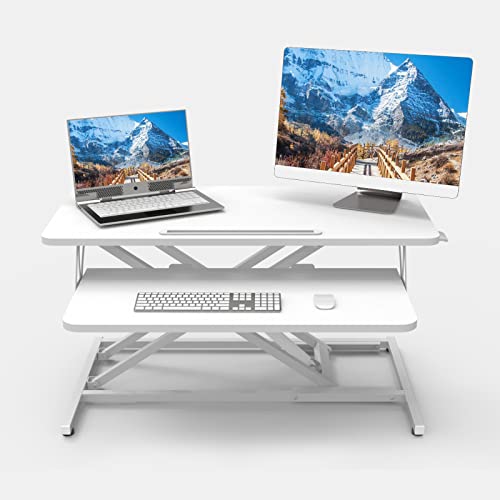 ERGOMAKER Height Adjustable Standing Desk Converter - 81cm (32 Inch) Wide Platform Tabletop Workstation - Quick Sit to Stand Desk Riser for Dual
