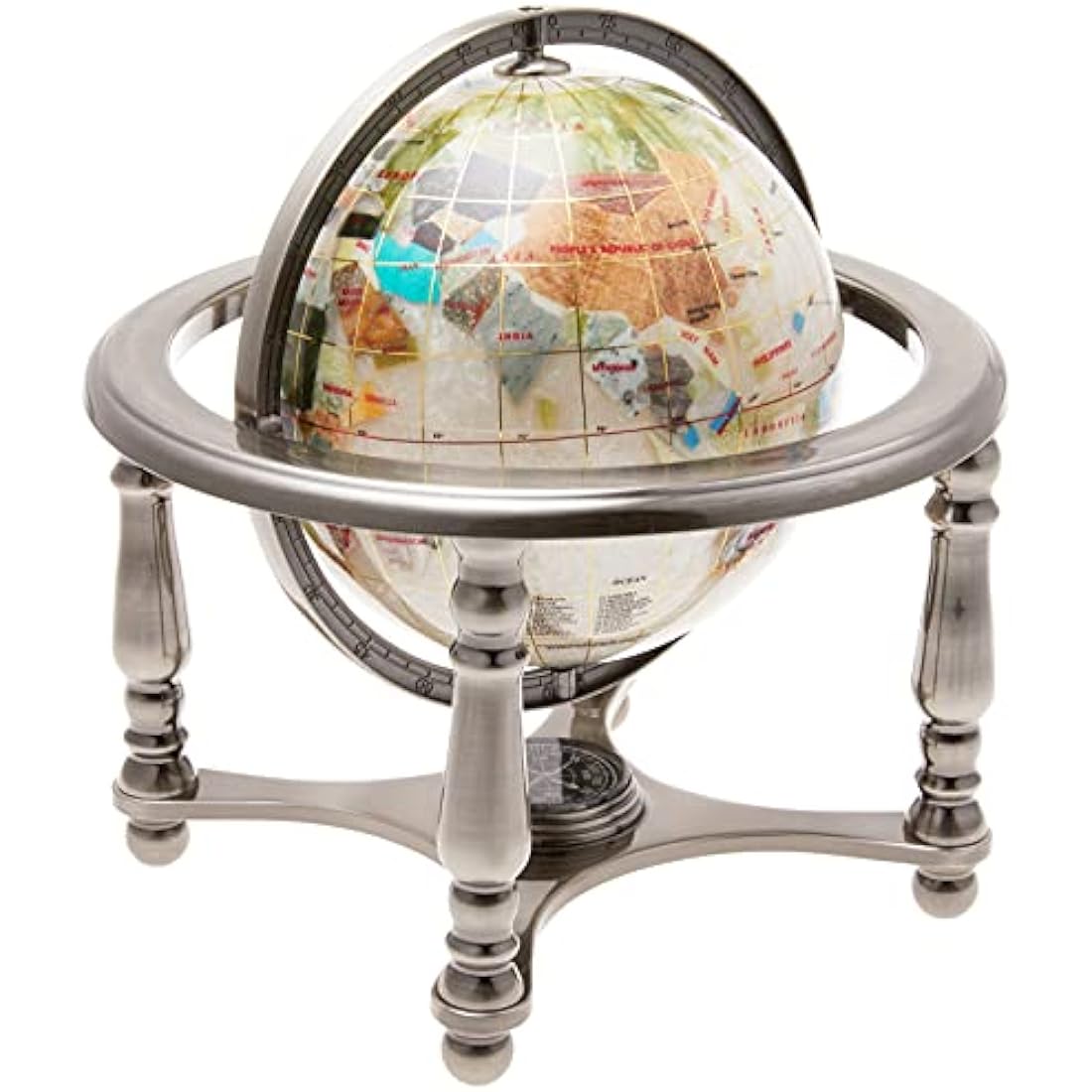 Unique Art 10-Inch Tall Pearl Swirl Ocean Gemstone World Globe with 4 Leg Silver Stand