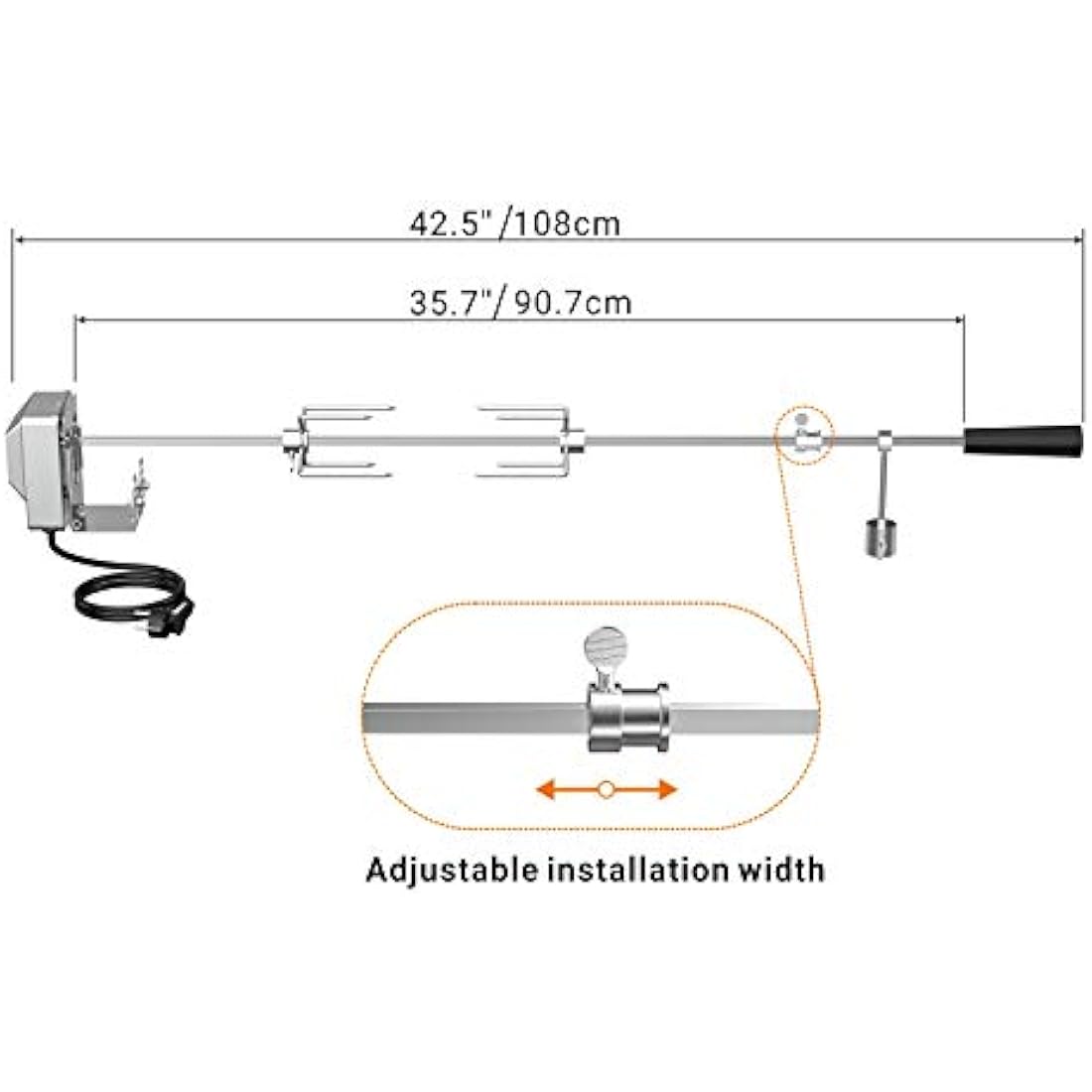 onlyfire BRK-6031 Universal BBQ Rotisserie Kit Chromed Roast Spit Set for Most Gas Barbecue Grills, with Stainless Steel Electric Motor (90cm long)