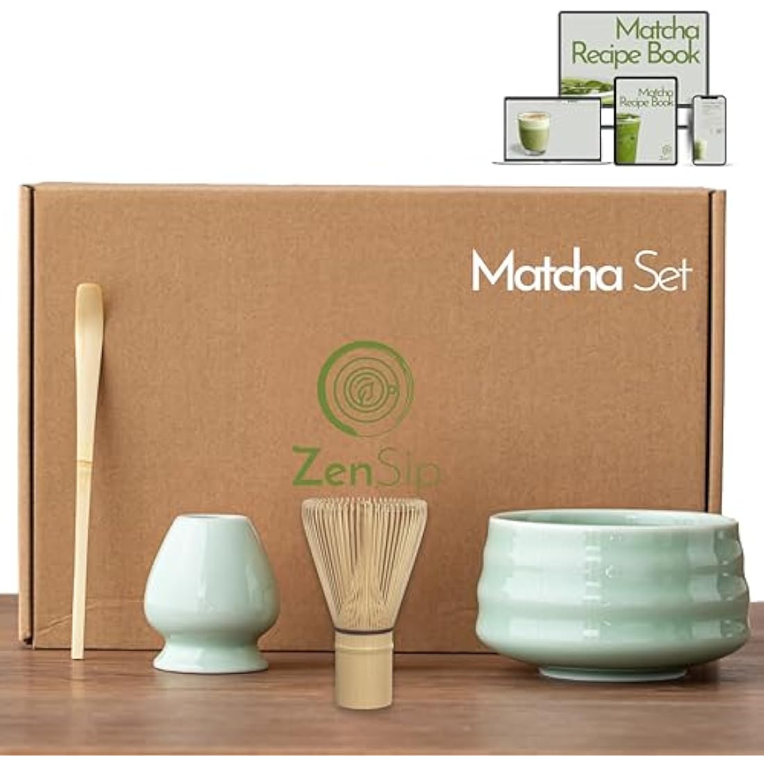 ZenSip Matcha Set - Matcha Whisk and Holder, Matcha Bowl and Matcha Scoop - 4pcs Matcha Kit with Recipe Ebook, Premium Material - Essential Matcha Whisk and Bowl for Perfect Matcha Tea Set