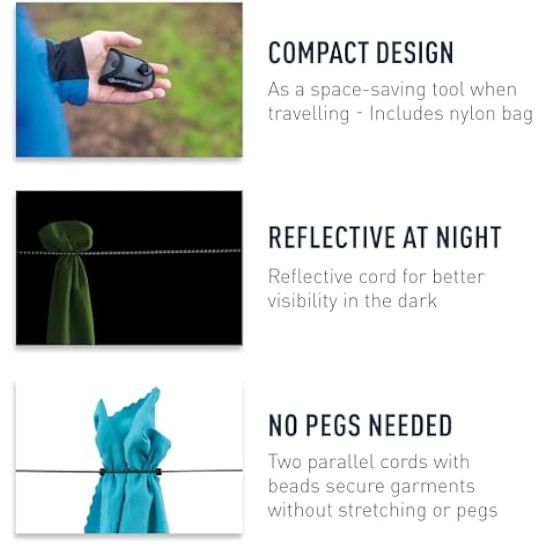 Sea to Summit - Lite Line Clothesline 3.5m - No Pegs Needed - Tiny & Compact - Dual Reflective Cord With Beads - For Backpacking & Camping - Black - 25g