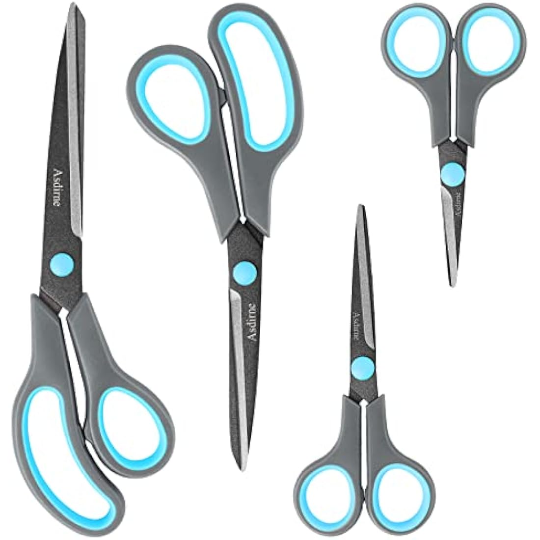 Asdirne Teflon Coating Scissors Set of 4, Non-Stick Scissors All Purpose, Premium Stainless Steel Razor Blades, Ergonomic Semi-Soft Rubber Grip, 10/''/8.5/''/6/''/5/'', Blue&Gray