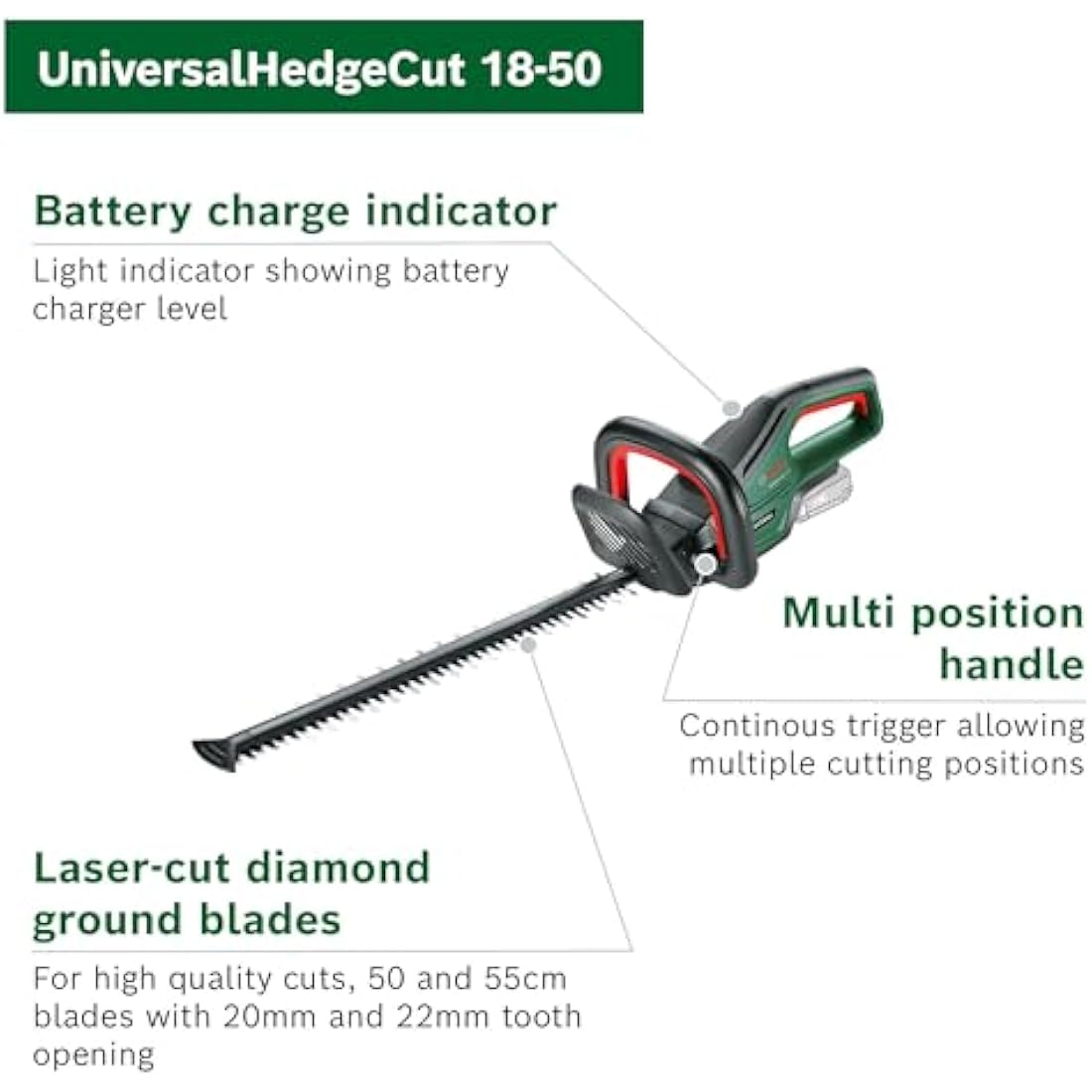 Bosch Cordless Hedge Cutter UniversalHedgeCut 18V-50 (Without Battery, 18 Volt System, Brushless Motor, Blade Length: 50 cm, in Carton Packaging)
