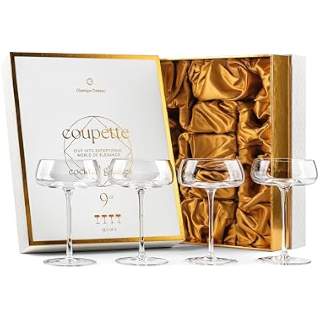 GLASSIQUE CADEAU Crystal Cocktail and Champagne Coupette Glasses | Set of 4 | 260 ml Elegant Long Stemmed Coupe Glassware for Gimlet, Espresso Martini, Daiquiri, Cosmopolitan | Fancy Round Saucers