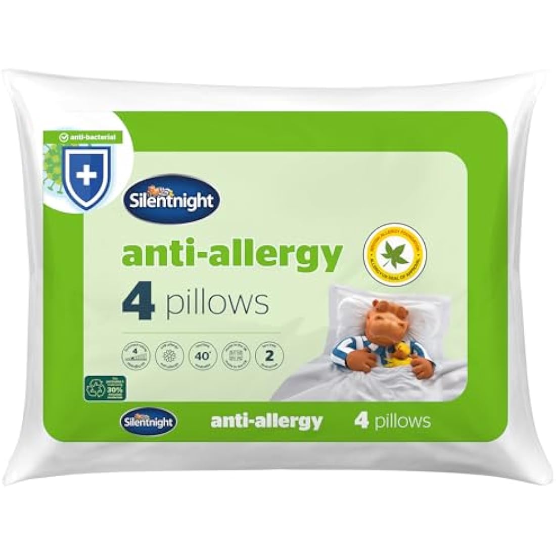 Silentnight Anti Allergy Firm Pillows 4 Pack – Firm Support Pillows with Fibre Core Ideal for Side Sleepers and Neck and Shoulder Pain Relief – Hypoallergenic – Pack of 4, White