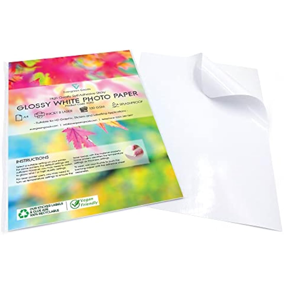 Evergreen Goods 200 Sheets A4 White Glossy Printable Photo Sticker Paper | Splashproof Inkjet & Laser Compatible Self Adhesive Label | Ideal for Product Labelling, DIY Crafts, Scrapbooking & More