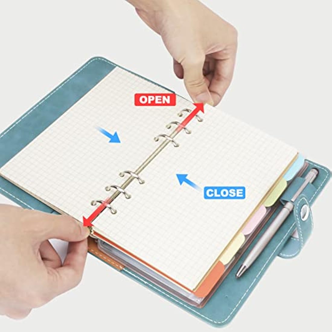 FYY Leather A6 Ring Binder Notebook, 6 Ring Binder with A6 Refill Papers, Binder Pockets and Subject Dividers Paper Sheet, Travel Binder Journal Personal Planner with Ring Binder Cyan