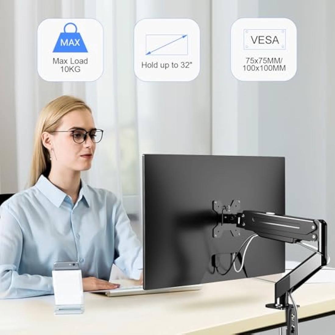 Suptek Single Monitor Arm Gas Spring, Monitor Arm Desk Mount for 17-32 inch Monitors up to 10kg, Tool Free Height Adjustable Screen Arm with Tilt Swivel Rotation, VESA 75/100mm, C-clamp/Grommet Option