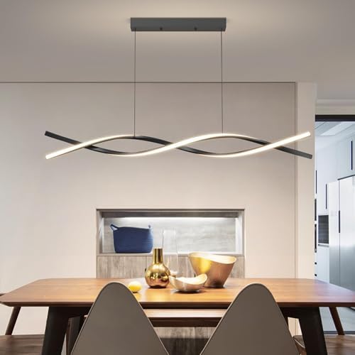 Mikeru 100CM Wave Pendant Light, 10%-100% Dimmable, Remote Control for 3 Colors Light 3000K/4500K/6000K, Black Kitchen Island Lights for Dining Room, Living Room