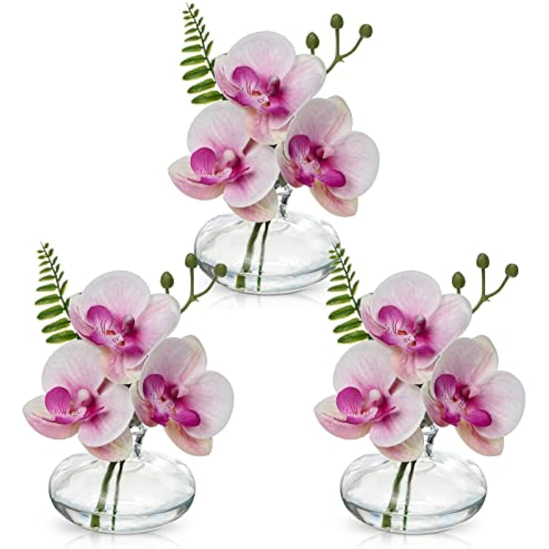 Briful Set of 3 Artificial Orchids in Glass Vase, Pink Orchids Fake Flowers in Faux Water Artificial Flowers for Decoration Artificial Plant for Living Room Bathroom Office Décor