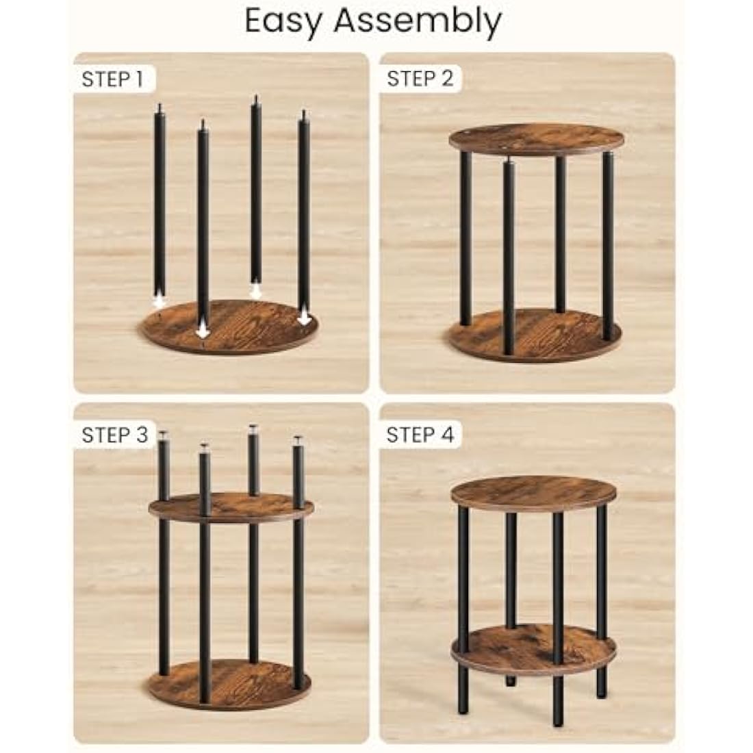 CHOEZON Round Side Table, 2-Tier End Table, Small Round Nightstand with Sturdy Metal Tube, Industrial Coffee Table, for Living Room, Bedroom, Rustic Brown and Black DTBZ01BF