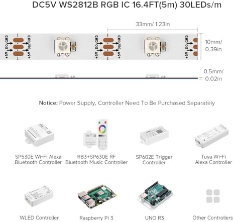BTF-LIGHTING WS2812E ECO RGB Alloy Wires 5050SMD Individual Addressable 16.4FT 30Pixels/m 150Pixels Flexible White PCB Full Color LED Pixel Strip Dream Color IP30 Non-Waterproof DIY Projects Only DC5V