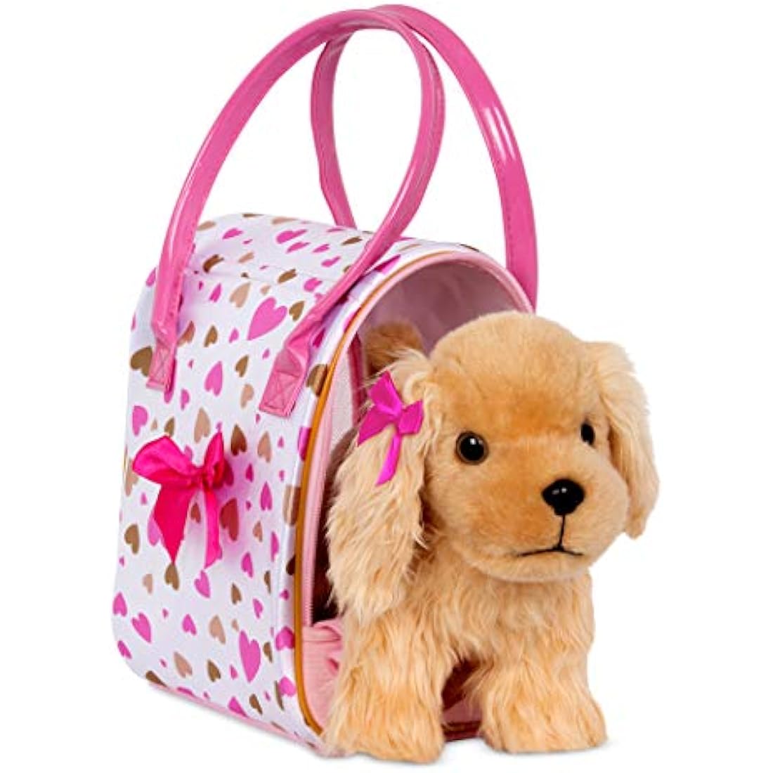 Pucci Pups – Plush Puppy – Dog Carrier – Toy Cocker Spaniel – Pink & Golden Heart Print Bag & Cocker Spaniel and Comb– Stuffed Animal – 3+ Years