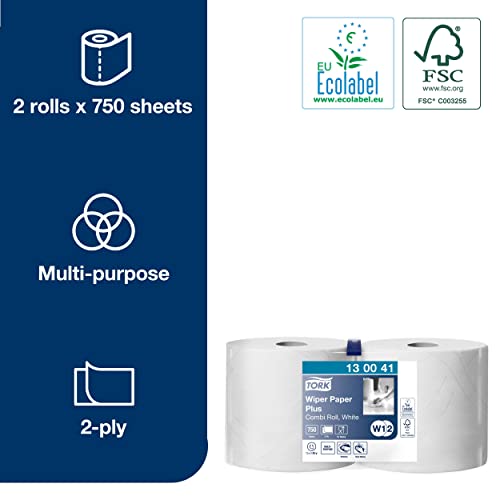 Tork 130041 Wiping Paper Plus Combi Roll / Wiping Paper Rolls Suitable for W1 and W2 Wipers System Dispensers / Extra Strong Paper Towel Roll / White / 2 x 255m / Ø 26.2cm
