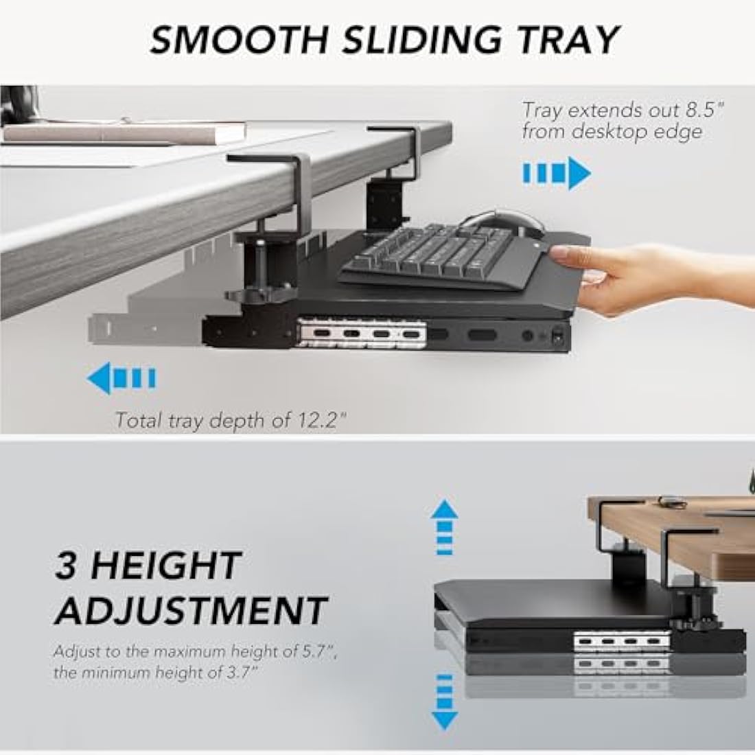 Keyboard Tray Under Desk Pull Out with Extra Sturdy C Clamp Mount System, 693.42 (825.5 mm Including Clamps) x 279.4 mm Slide-Out Platform Computer Drawer for Typing Black AX01WB01