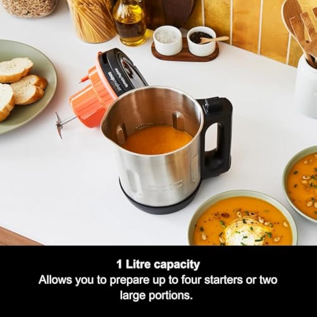 Morphy Richards Compact Soup Maker, Blend & Cook Smooth & Chunky Soup, Smoothies, Black & Stainless Steel, 1 Litre, 900 W, 501021