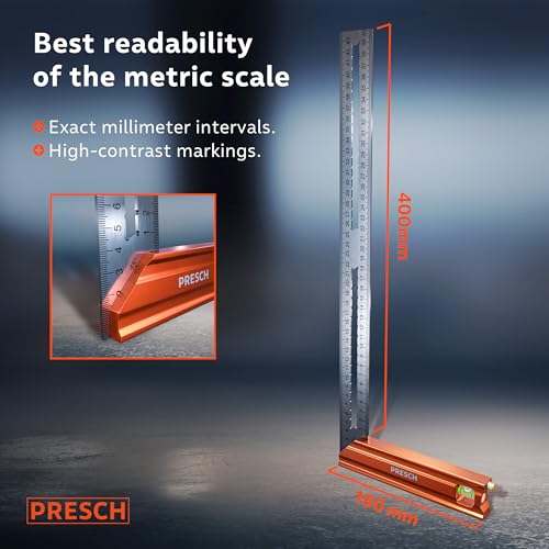 Presch Try Square 400 mm | Large | Includes rust-free marking gauge (40cm), level bubble & marking pin | 90° & 45° | Carpenters square, Precision Square, Joiners Square, Engineers Square