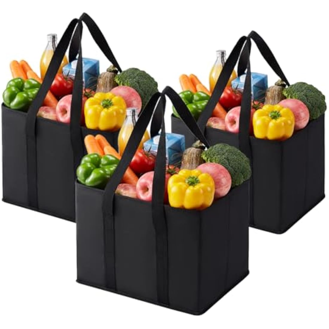 VENO 3 Pack Reusable Shopping Trolley Bags Set, Heavy Duty Collapsible Grocery Box Bag with Reinforced Bottom, Folding Tote Bag Storage Bins (Black - Set of 3)