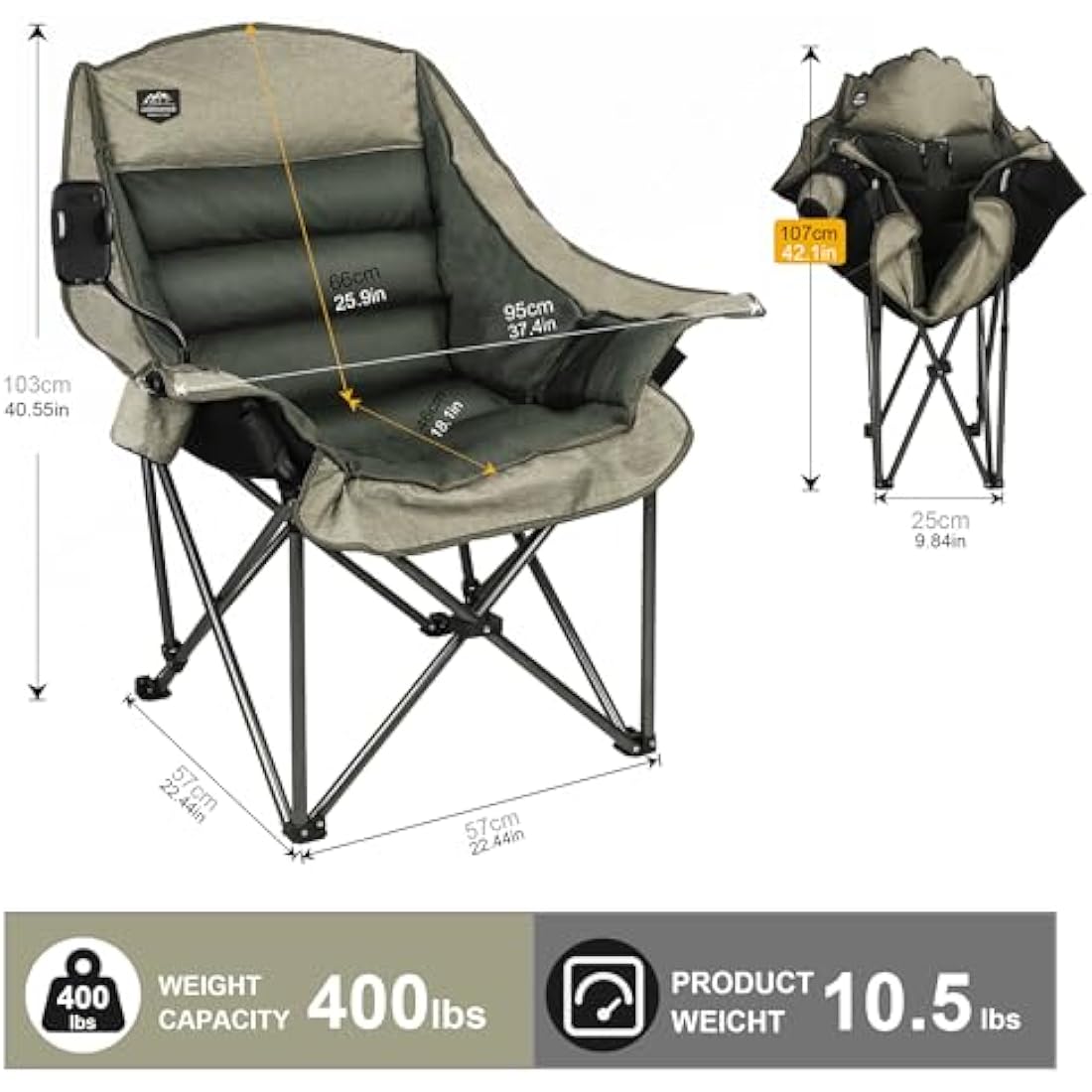 LANMOUNTAIN Oversized XL Folding Camping Chair, Heavy-Duty Support 400Lbs, Comfortable Adult Chair with Cup Holder, Phone Holder, Carry Bag, Perfect for Outdoor Activities (Brown)