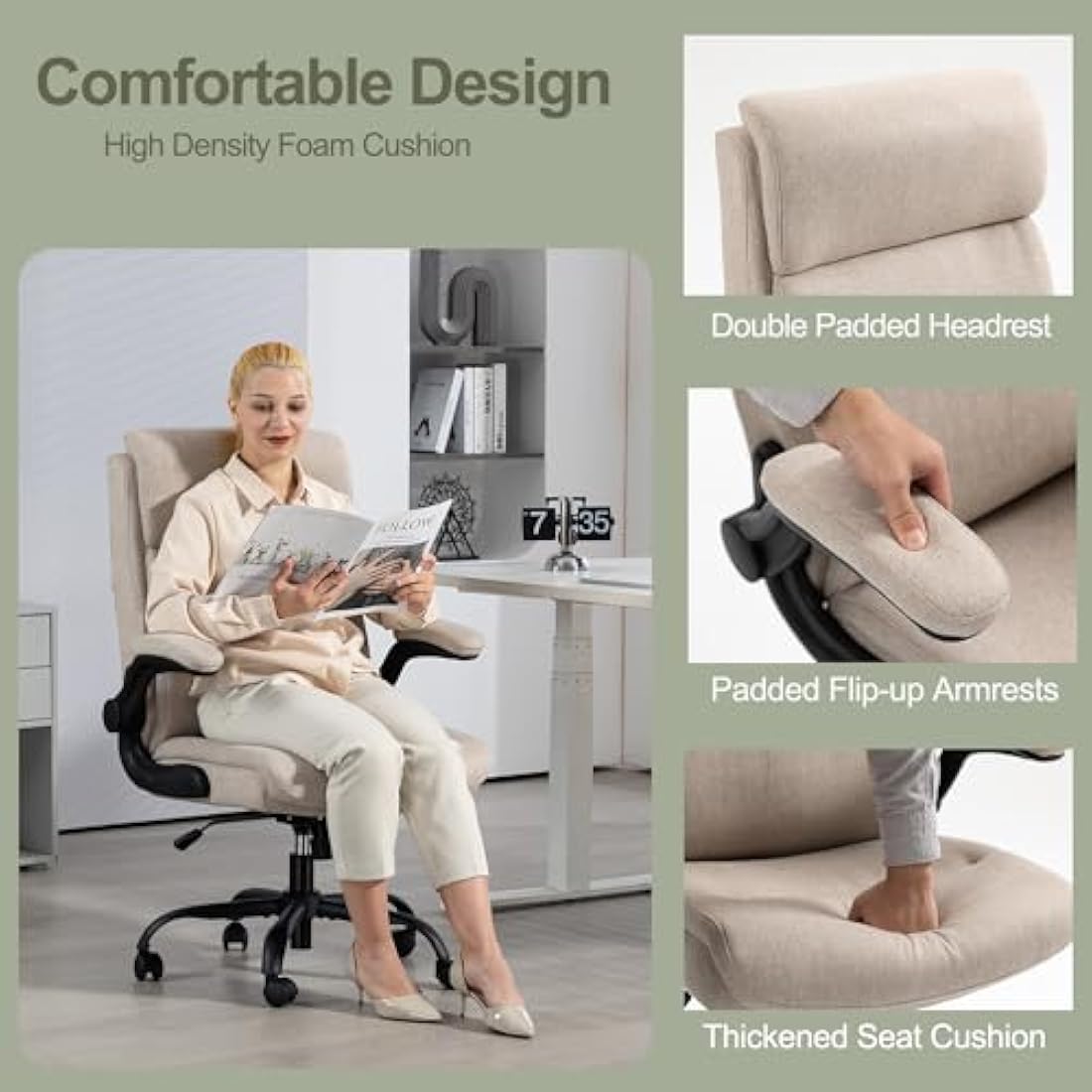 CASTLOVE Ergonomic Office Chair Computer Chair Executive Office Chair with Flip Up Armrest High Back Rocking Function Height Adjustable Comfortable Desk Chair for Home Office Fabric Cream