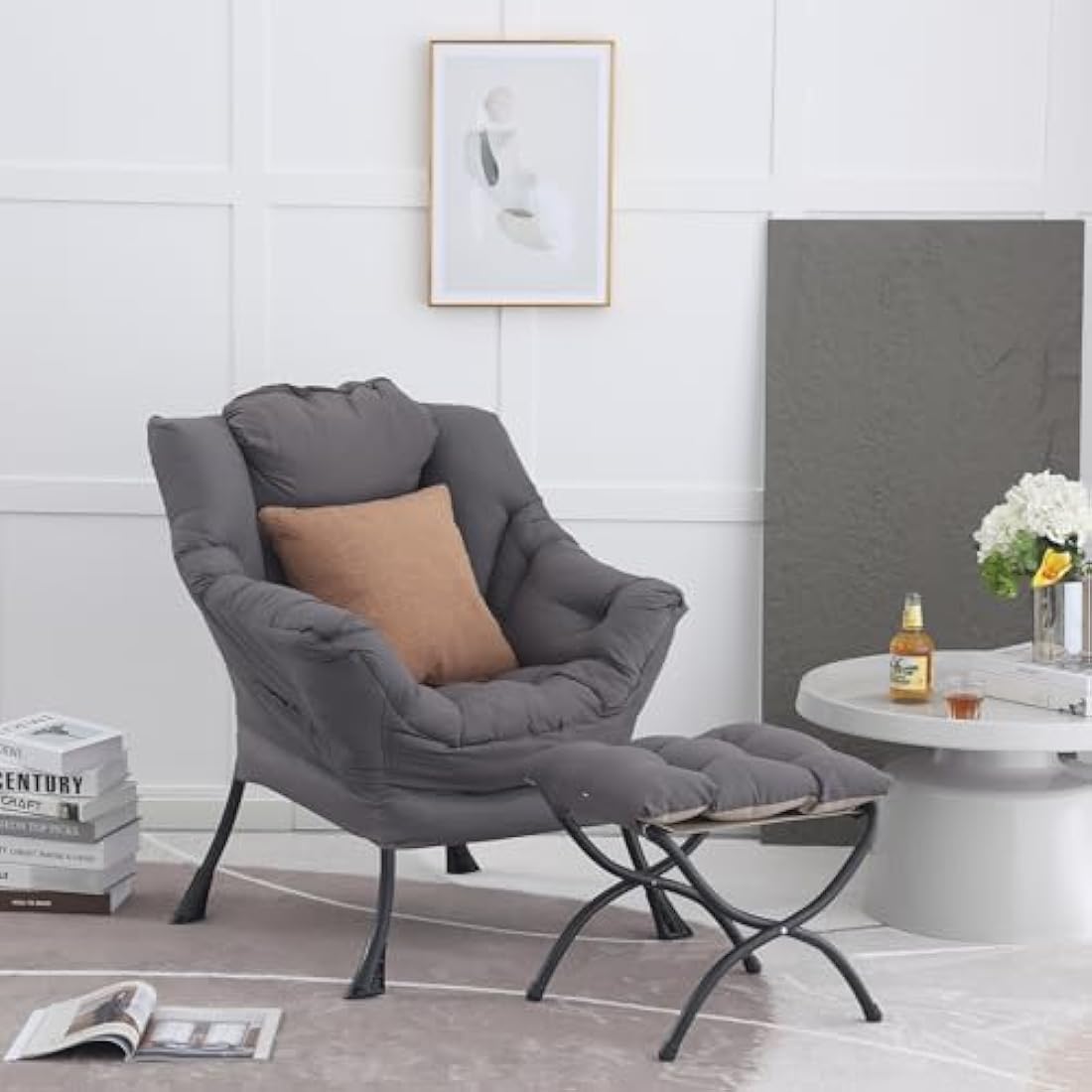 YOTATING Comfy Armchair with Footstool, Lazy Chair with Ottoman Leisure Accent Chair Relax Lounge Chair with Armrests & Side Pocket for Living Room, Bedroom & Small Spaces Armchair, Dark Grey