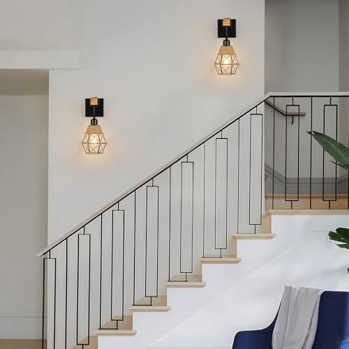 FORCOSO Wall Lights Indoor 2-Pack, Vintage Wood Wall Lamp Black, E27 Sconce Lights, Industrial Lights Fittings, Rustic Rope Lighting Fixtures Living Room Bedrooms Hallway