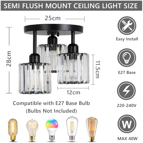 Rayofly Modern Crystal Chandeliers, 3-Light Crystal Lights for Living Room, Black Semi Flush Ceiling Light Fittings for Hallway, Bathroom, Bedroom, Foyer, Kitchen