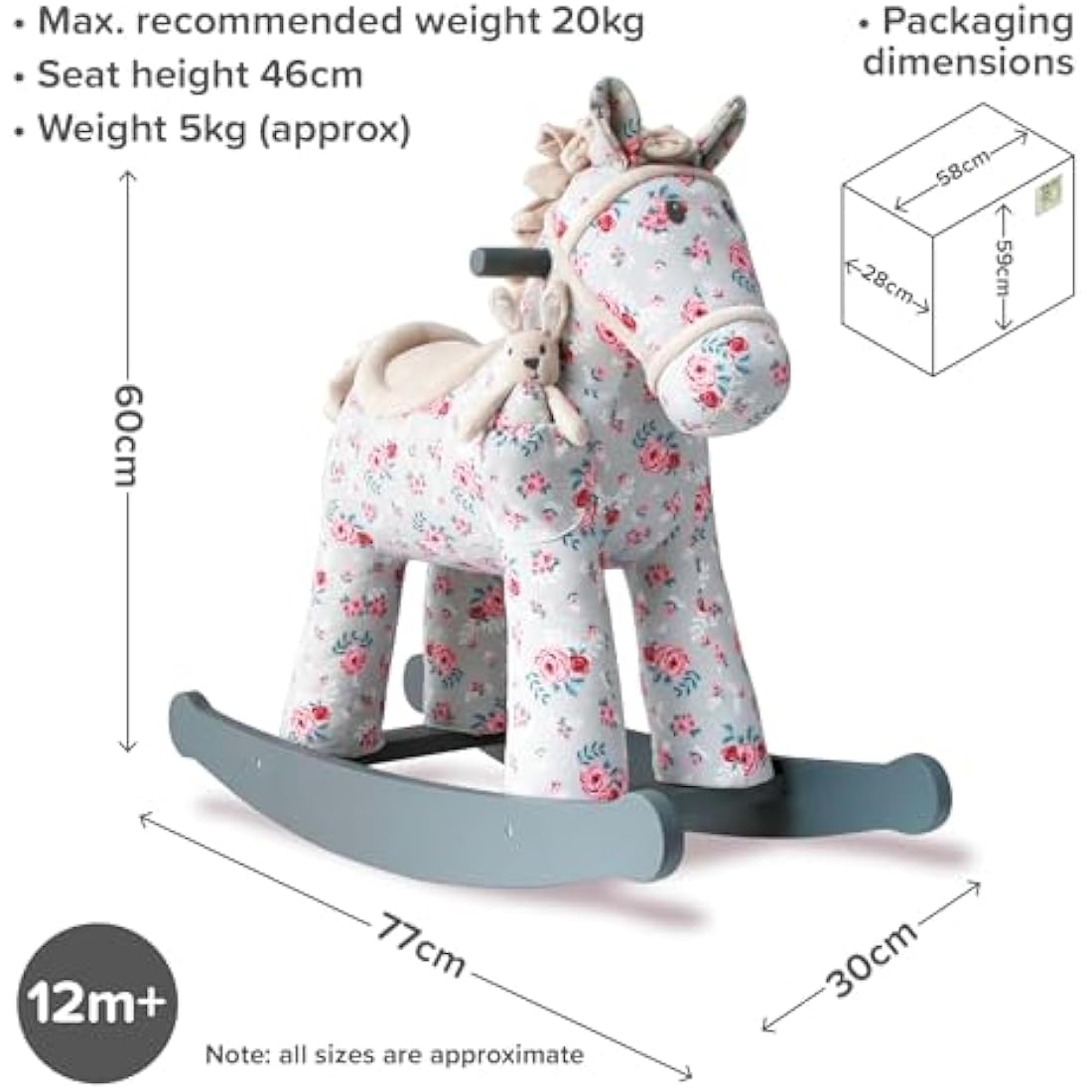Little Bird Told Me - Lily & Rose Rocking Horse for Toddler 12+ Months Unisex - Grey & Pink Floral Printed Fabric, Solid Wooden Frame & Rockers, Removable Plush Toy - British Brand Since 2007