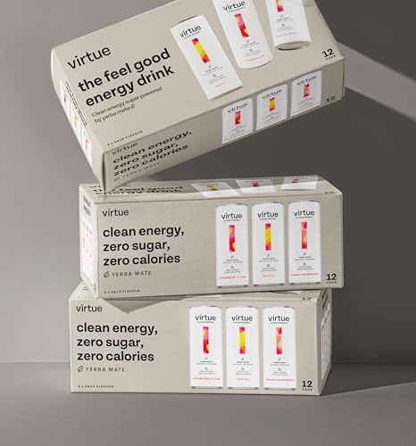 Virtue Clean Energy Mixed Pack - 12 x Yerba Mate Natural Energy Drinks - Sugar Free, Zero Calories, Vegan (12 x 250ml) [Strawberry & Lime, Tropical, Peach & Raspberry]