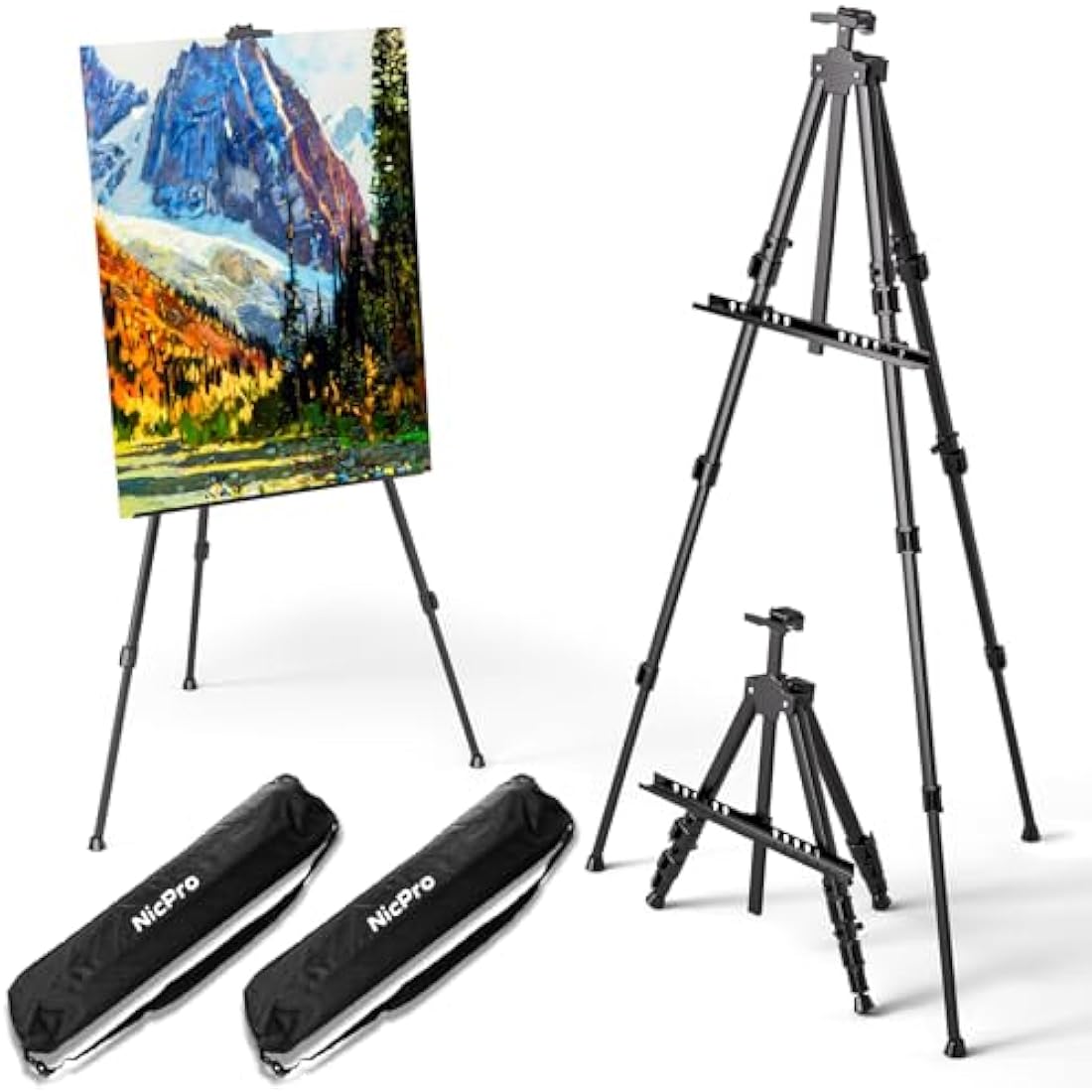 Nicpro 2 Pack Artist Easel Stand, Adjustable Height 17" to 63" Aluminum Metal Tripod Easel for Table Top & Floor, Painting Easel for Display, Posters, Signs Artwork & Trade Exhibitions with Bag(Black)