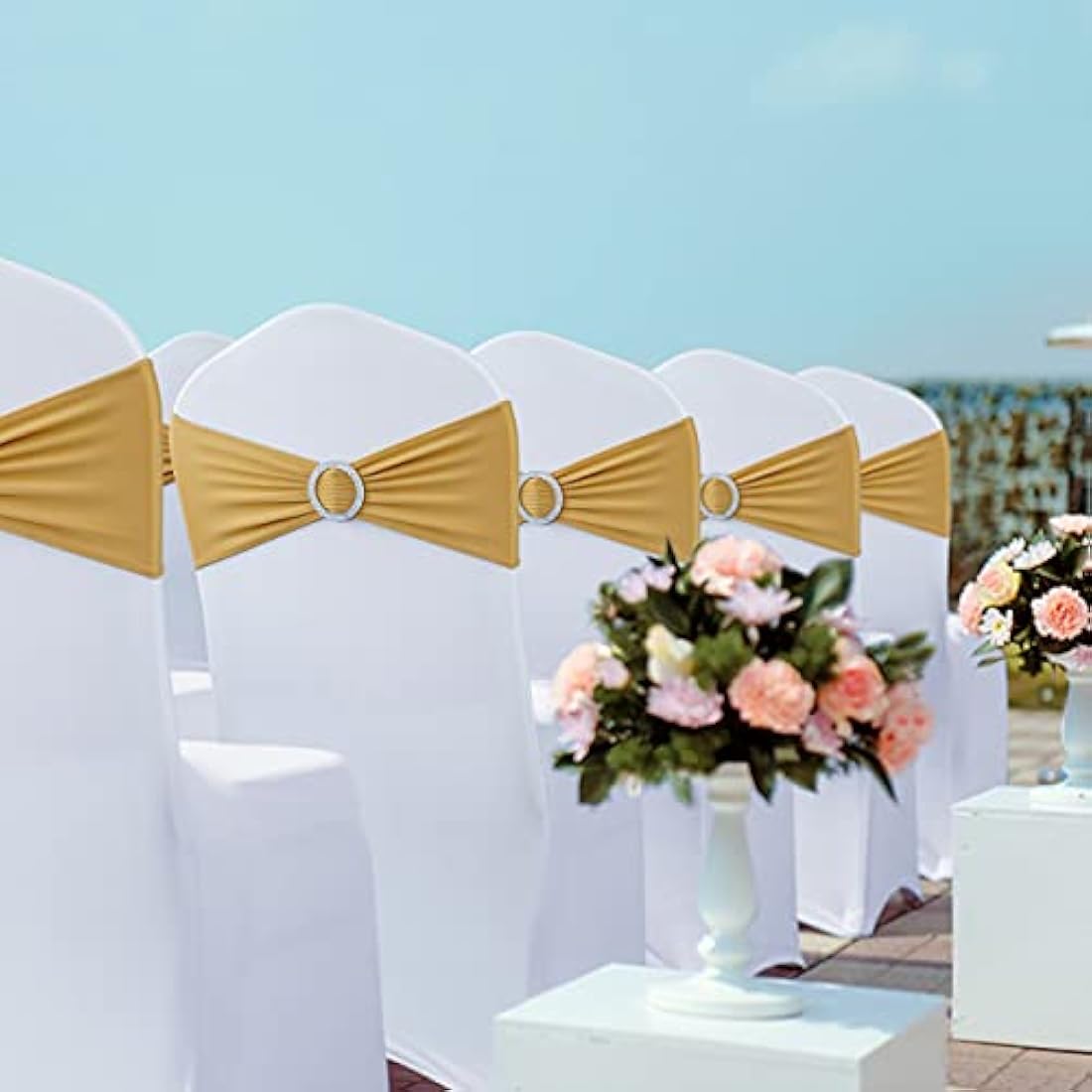 Babenest Spandex Chair Sashes Bows Premium Stretch Chair Cover Band with Buckle Slider Universal Elastic Chair Ties for Wedding Party Ceremony Reception Banquet Decoration (Gold, 100)