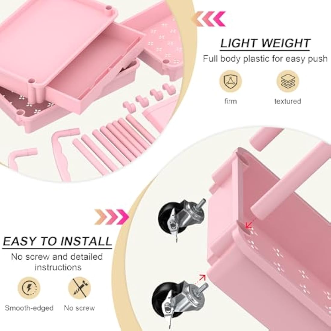 Yeabett 4 Tier Craft Trolley, Storage Trolley On Wheels Utility Cart With Drawer For Kitchen, Bathroom, Office, Living Room, Pink