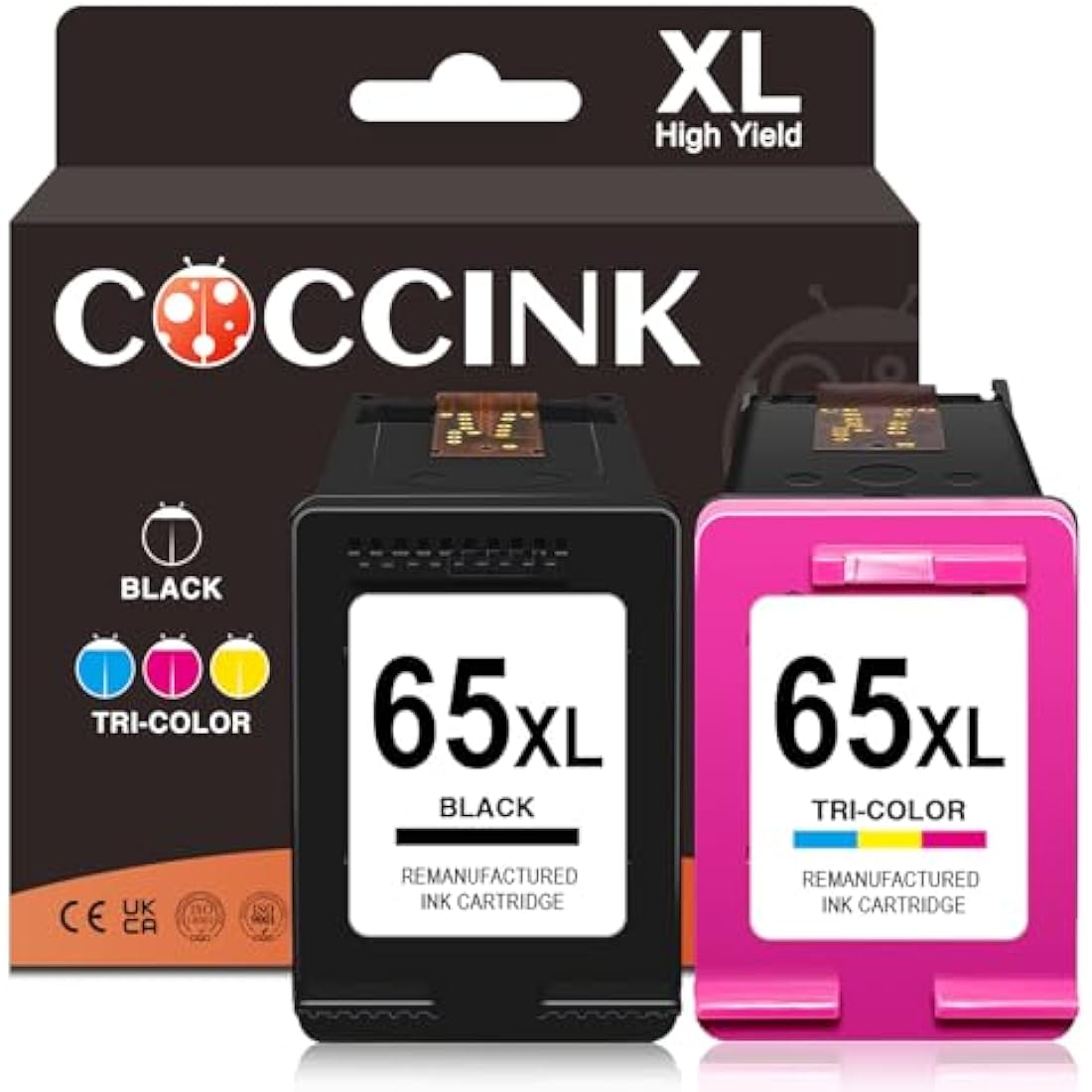 COCCINK 65XL for HP Deskjet 3755 Ink Cartridges, HP DeskJet 3700 3752 3772 2600 2622 2624 2636 2652 2655 Envy 5052 5012 5055 5000 Printer Remanufactured, 1 Black 1 Color Combo Pack