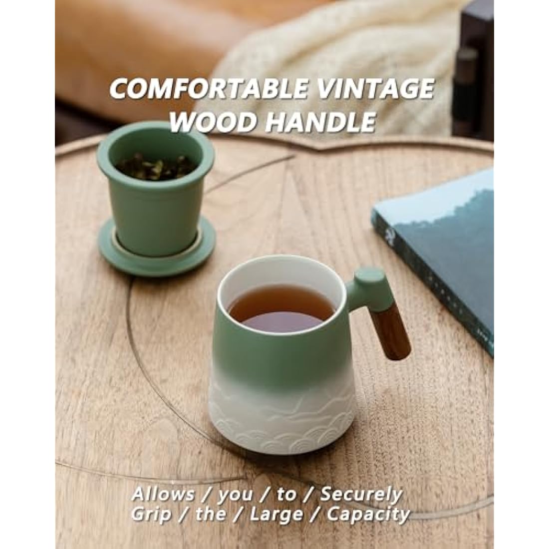 ZENS Tea Mug with Infuser and Lid, 500 ML Embossed Ceramic Loose Leaf Tea Cup with Strainers for Tea Diffusers, Wood Handle Tea Infuser Mug for Loose Tea Lovers Gifts, Tea Accessories
