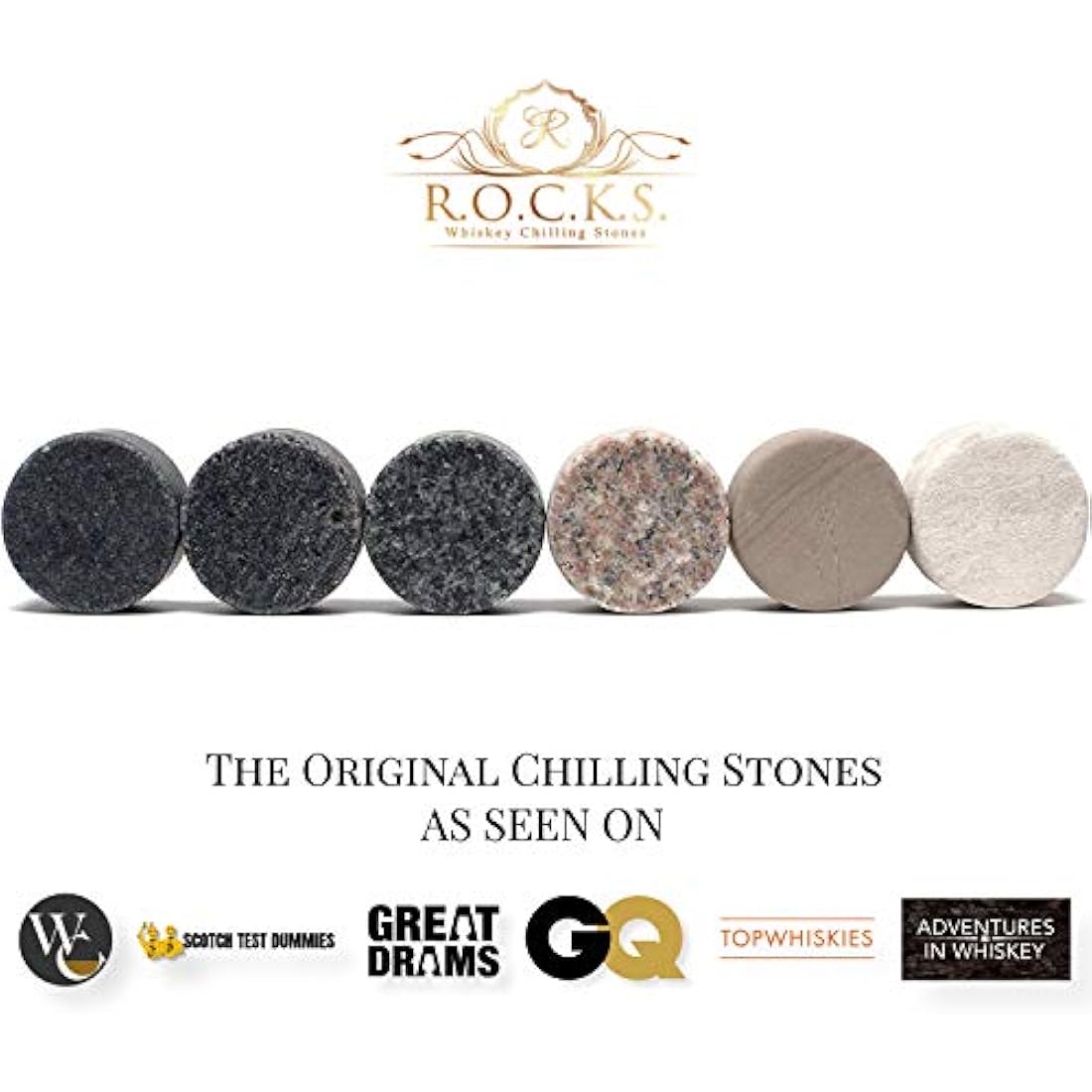 Whiskey Chilling Stones Gift Set - 6 Handcrafted Premium Granite Round Sipping Rocks - 2 Crystal Superior Glasses - Hardwood Presentation & Storage Tray - Elegant Gold Foil Gift Box by R.O.C.K.S.