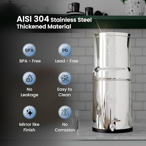 PHOENIX GRAVITY 6-Litre Stainless Steel Gravity Water Filter NSF Certified AISI 304 Countertop Water Filter System with 2 Smart (Black) Carbon Cartridges, Free Water Tap, No Power Or Plumbing Required