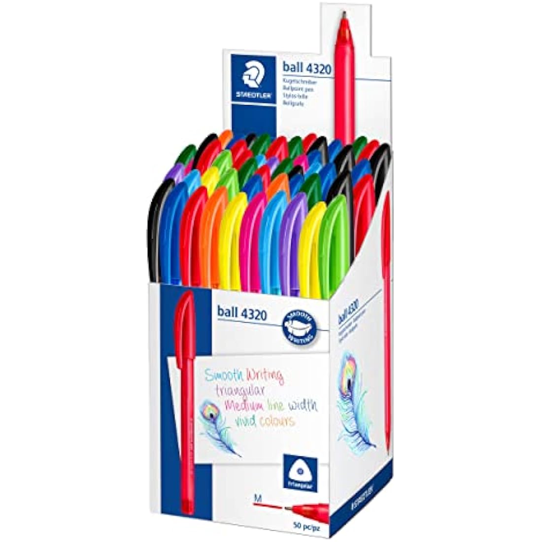 STAEDTLER Ballpoint Pens - Rainbow Stick Pen - Medium Point - 10 Assorted Colours - Pack of 50, 4320 MKP50